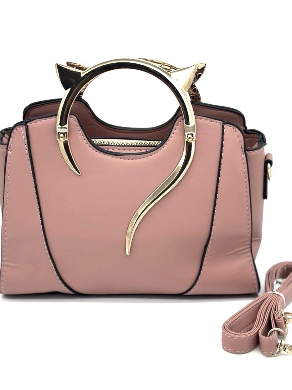 Blush Pink Handbag with Gold Metallic Cat Shape Handle & Strap